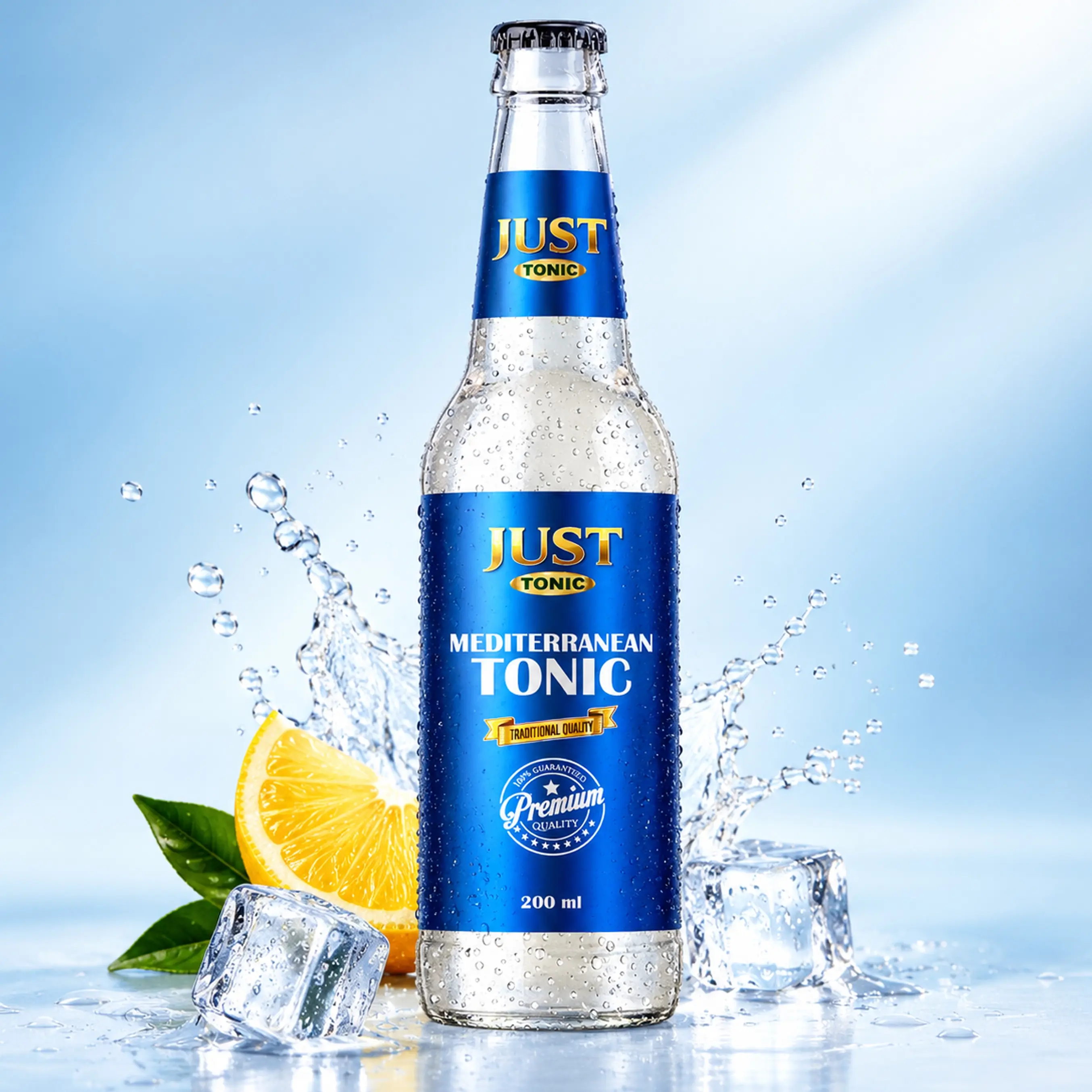 JUST Tonic Mediterranean Tonic 200ml glass bottle with lemon, green leaves, ice cubes, condensation, and refreshing water splashes.